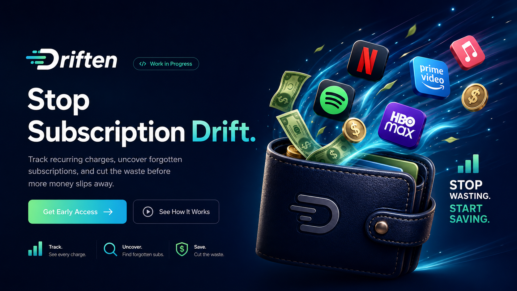 Driften landing page: Stop Subscription Drift.